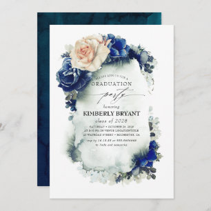 Invitation Marine Blue et Orange Floral Vintage Graduation