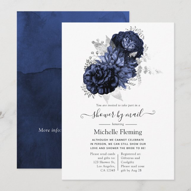 Invitation Marine Blue et Silver Floral Douche par courrier (Devant / Derrière)