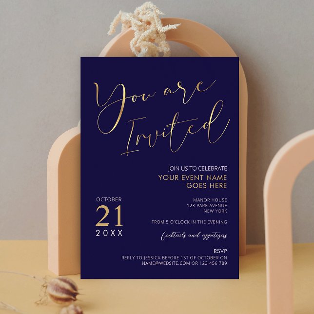 Invitation Marine Blue & Faux Gold Script Logo Entreprise Évé (Créateur téléchargé)