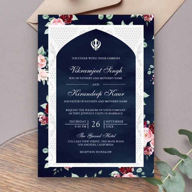 Invitation Marine Blue Floral Anand Karaj Punjabi Sikh Mariag (Créateur téléchargé)