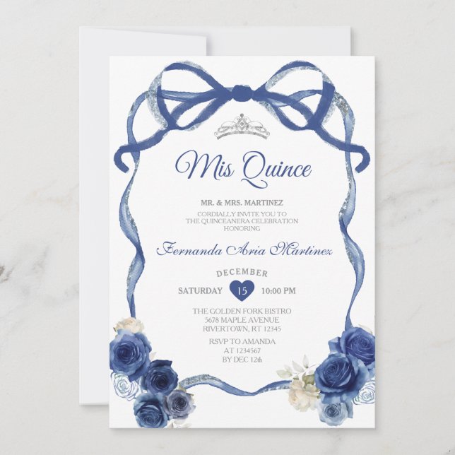 Invitation Marine Blue Floral Bow Frame Argent Couronne Mis Q (Devant)
