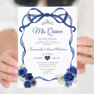 Invitation Marine Blue Floral Bow Frame Argent Couronne Mis Q