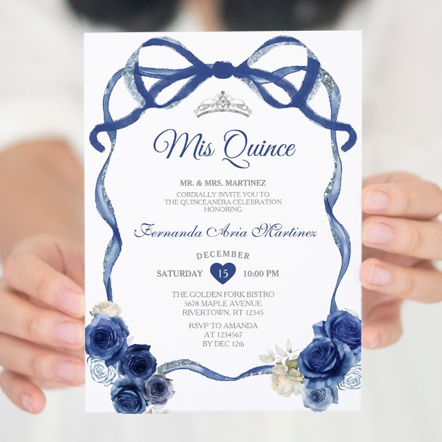 Invitation Marine Blue Floral Bow Frame Argent Couronne Mis Q (Créateur téléchargé)