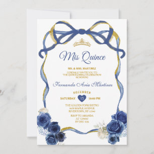 Invitation Marine Blue Floral Bow Frame Or Couronne Mis Quinc