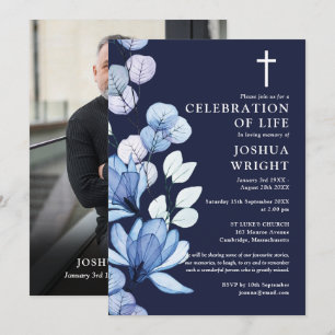 Invitation Marine Blue Floral Christian Memorial Funérailles 