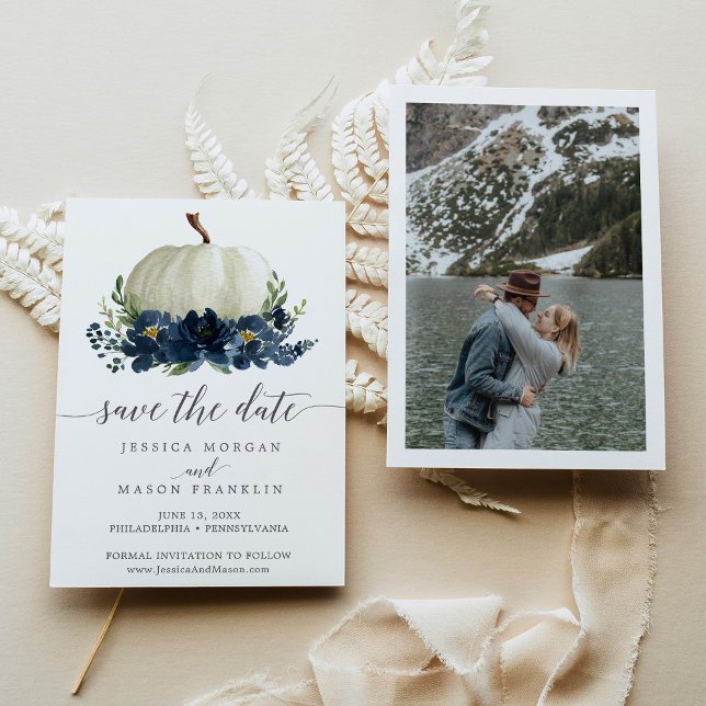 Invitation Marine Blue Floral Citrouille Mariage Sauvez les d (Créateur téléchargé)