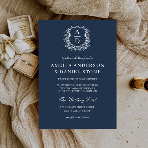 Invitation Marine Blue Floral Crest Monogramme Mariage Élégan