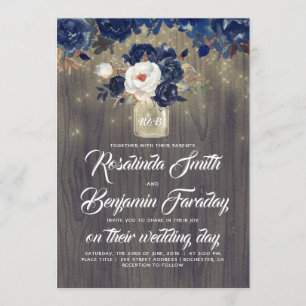 Invitation Marine Blue Floral Mason Jar Rustique Mariage