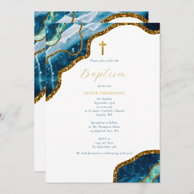 Invitation Marine Blue Geode Agate Gold Cross Baptême (Devant / Derrière)