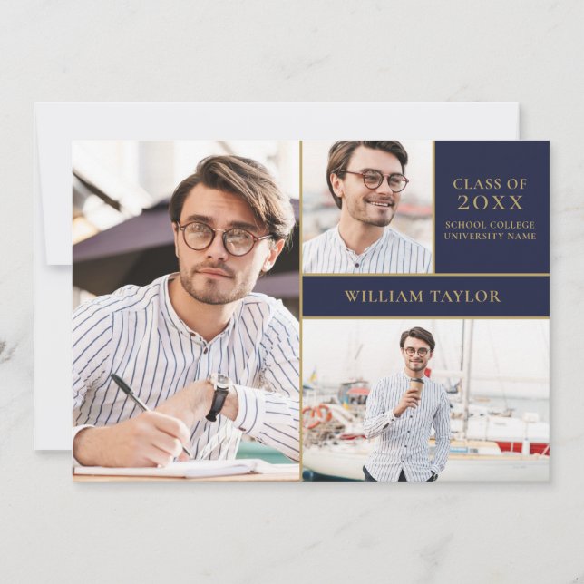 Invitation Marine Blue Gold 3 Photo Collage de photos Parti d (Devant)