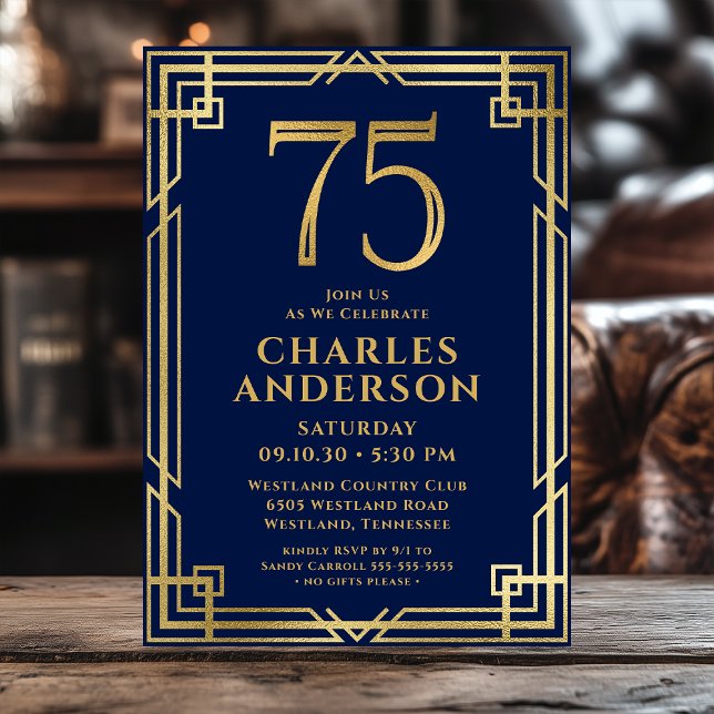 Invitation Marine Blue Gold 75th Birthday Photo (Créateur téléchargé)