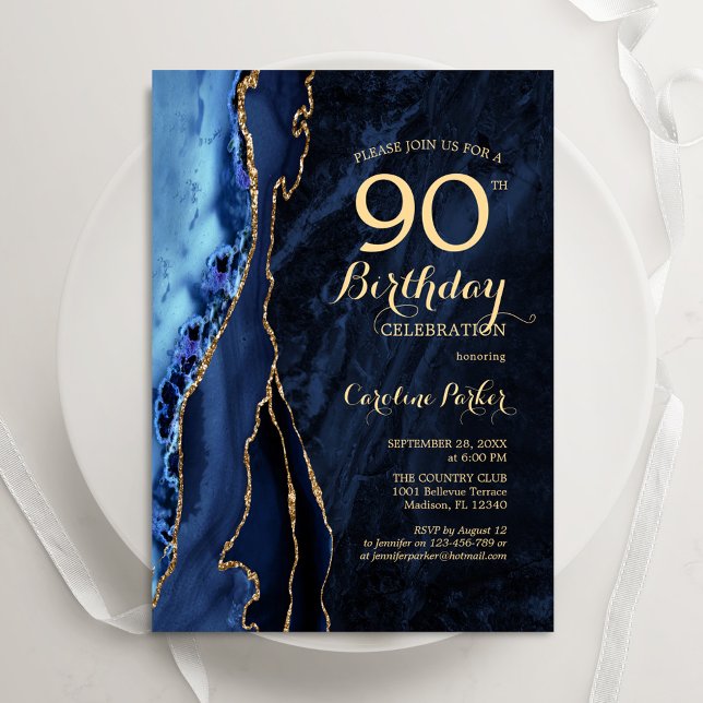 Invitation Marine Blue Gold Agate 90e anniversaire (Créateur téléchargé)