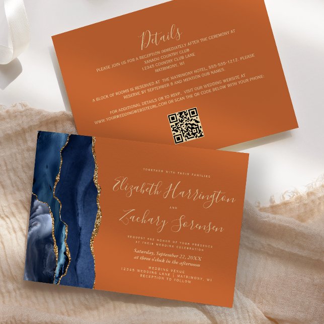 Invitation Marine Blue Gold Agate Burange Orange QR Code Mari (Créateur téléchargé)