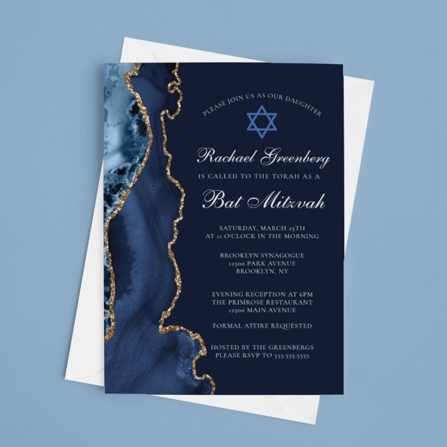 Invitation Marine Blue Gold Agate Élégante fête Bat mitzvah (Créateur téléchargé)