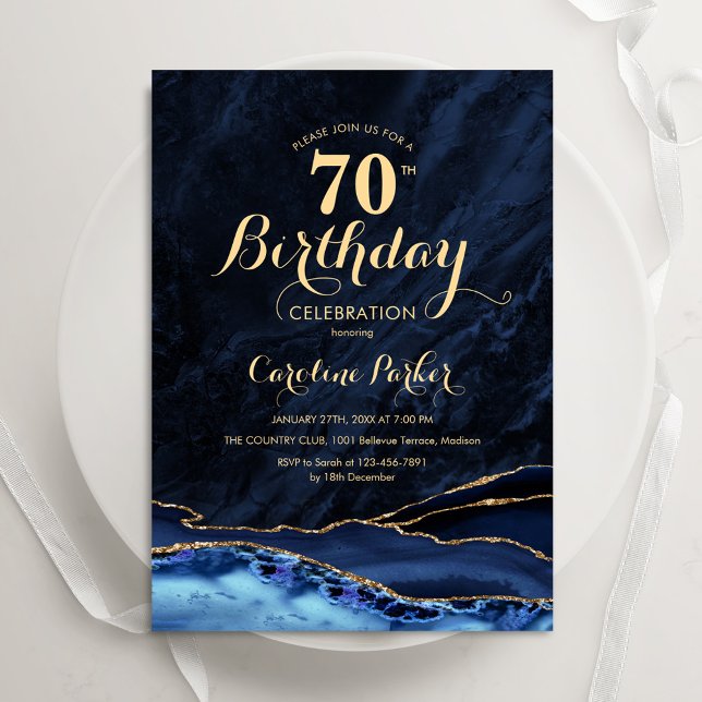 Invitation Marine Blue Gold Agate Marbre 70e anniversaire (Créateur téléchargé)
