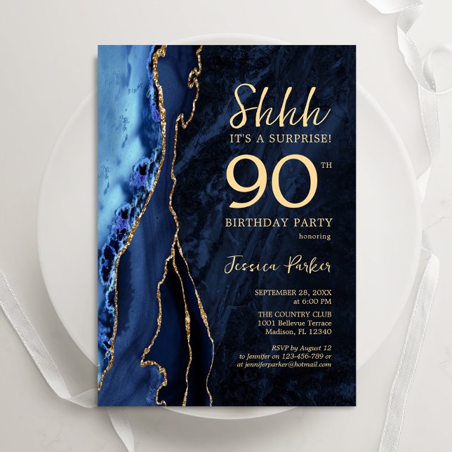 Invitation Marine Blue Gold Agate Surprise 90e anniversaire (Créateur téléchargé)