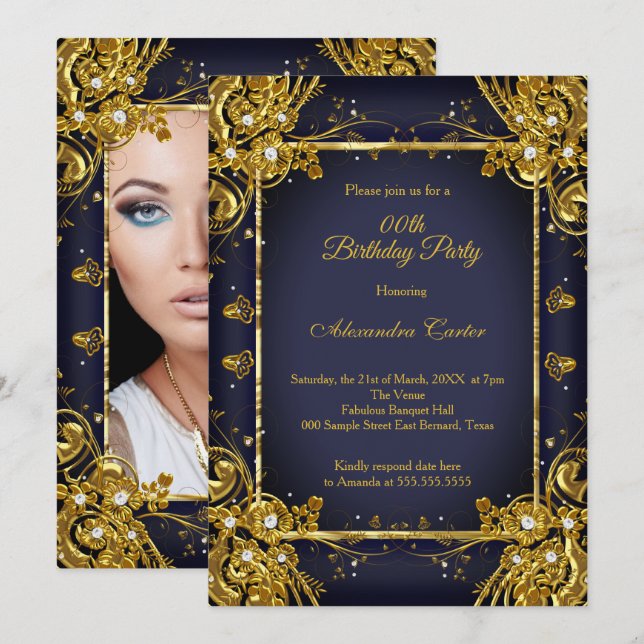 Invitation Marine Blue Gold Anniversaire Photo Diamond Gem (Devant / Derrière)