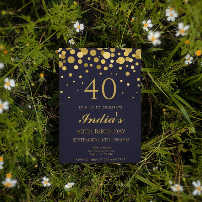 Invitation Marine Blue & Gold Confetti 40e fête d'anniversair (Créateur téléchargé)