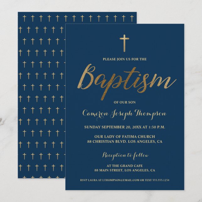 Invitation Marine Blue Gold Cross Custom Baby boy Baptême (Devant / Derrière)