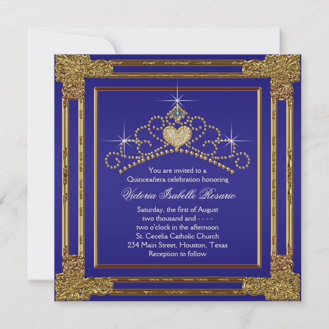 Invitation Marine Blue Gold et Tiara Sweet 15 Quinceanera (Devant)