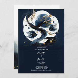 Invitation Marine Blue & Gold Fish Beach Mariage