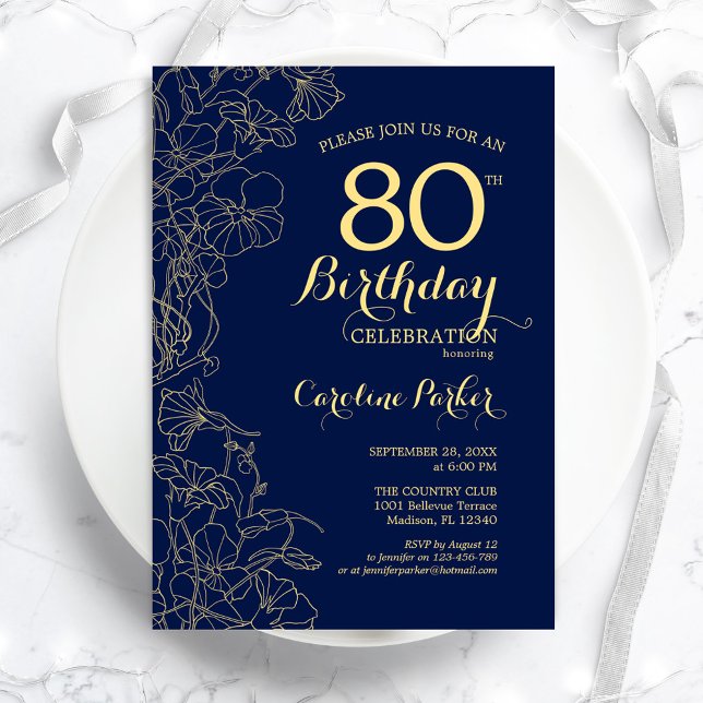 Invitation Marine Blue Gold Floral 80e fête d'anniversaire (Créateur téléchargé)