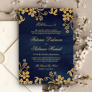 Invitation Marine Blue Gold Floral Mariage musulman musulman 