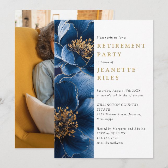 Invitation Marine Blue Gold Floral Retraite Party Photo (Devant / Derrière)