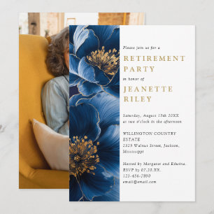 Invitation Marine Blue Gold Floral Retraite Party Photo