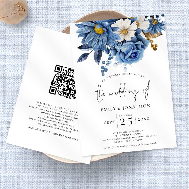Invitation Marine Blue Gold Florals QR Code Mariage (Créateur téléchargé)