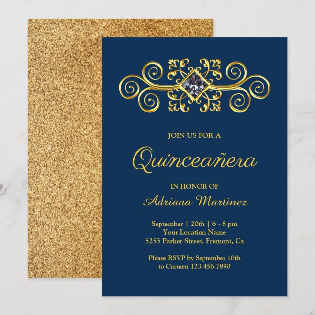Invitation Marine Blue Gold Flourissant Diamond Quinceanera (Devant / Derrière)