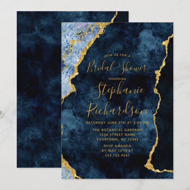 Invitation Marine Blue Gold Foil Agate Douche nuptiale Invita (Devant / Derrière)