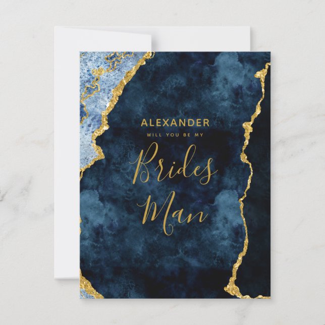 Invitation Marine Blue Gold Foil Agate Serez-Vous Mon Époux (Devant)