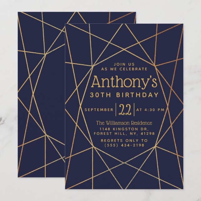 Invitation Marine Blue & Gold Foil Motif géométrique Annivers (Devant / Derrière)