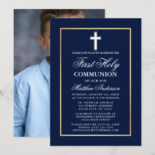 Invitation Marine Blue Gold Frame First Holy Communion Photo
