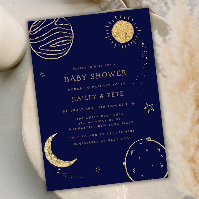 Invitation Marine Blue Gold Galaxy Lune Star Boy Baby shower (Navy Blue Gold Galaxy Moon Star Boy Baby Shower Invitation)
