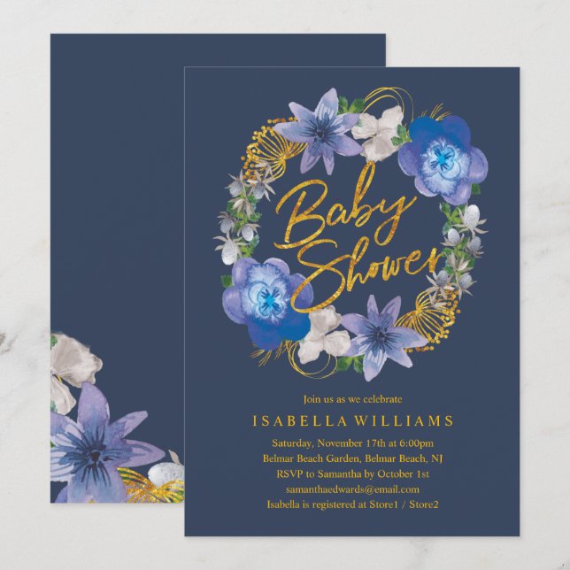 Invitation Marine Blue Gold Hydrangeas Baby shower Floral (Devant / Derrière)