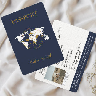 Invitation Marine Blue Gold Passport Destination Mariage Phot