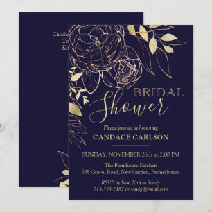 Invitation Marine Blue & Gold Peony Fête des mariées florale 