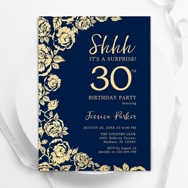 Invitation Marine Blue Gold Roses Surprise 30e anniversaire (Créateur téléchargé)