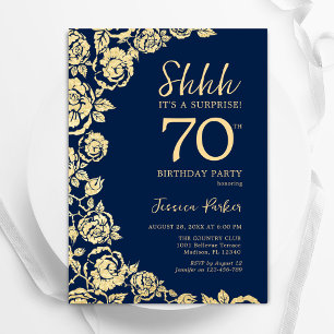 Invitation Marine Blue Gold Roses Surprise 70e anniversaire