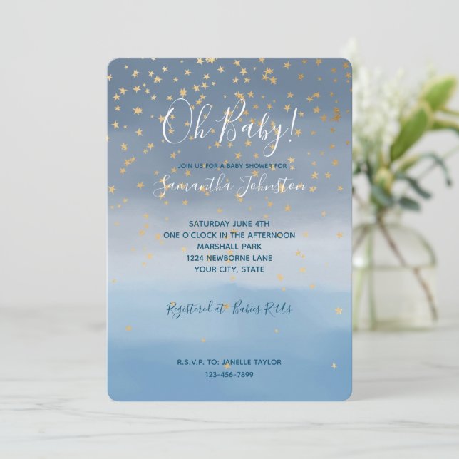 Invitation Marine Blue Gold Stars Sky Aquarelle (Debout devant)