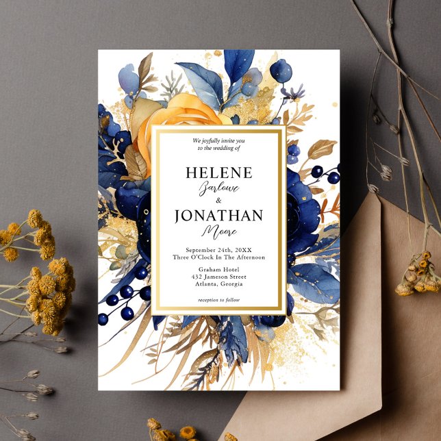Invitation Marine Blue Gold Terracotta Floral Mariage élégant (Navy Blue Gold Terracotta Floral Elegant Wedding Invitation)