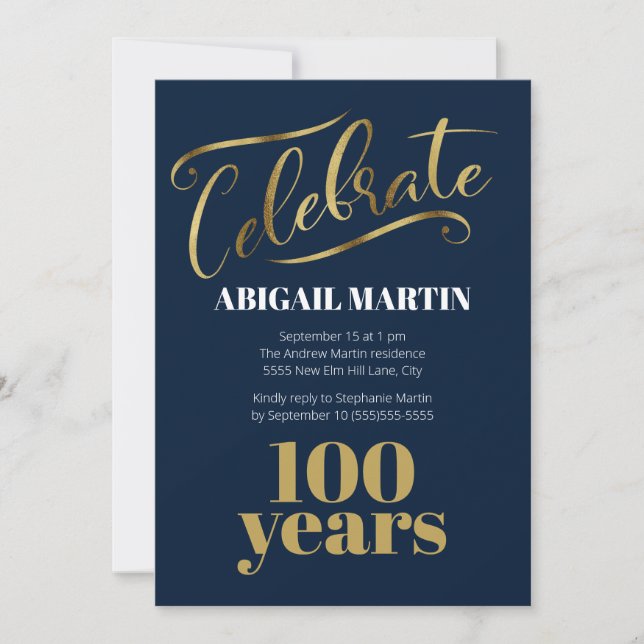 Invitation Marine Blue Gold White 100e fête d'anniversaire (Devant)