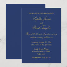Marine Blue Golden Beige Elégant Mariage Invitatio