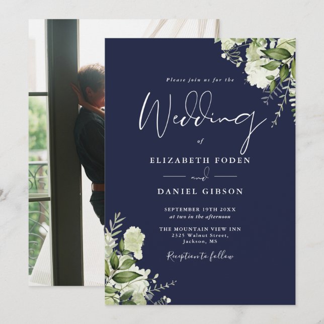 Invitation Marine Blue Green Feuilles Élégant Mariage photo (Devant / Derrière)