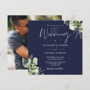 Invitation Marine Blue Green Floral Photo Carré Mariage