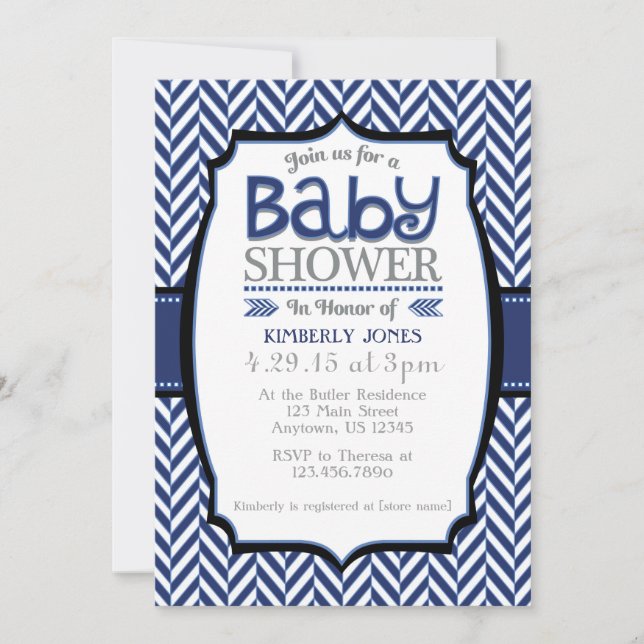 Invitation Marine Blue Grey Herringbone Baby Shower Invitatio (Devant)