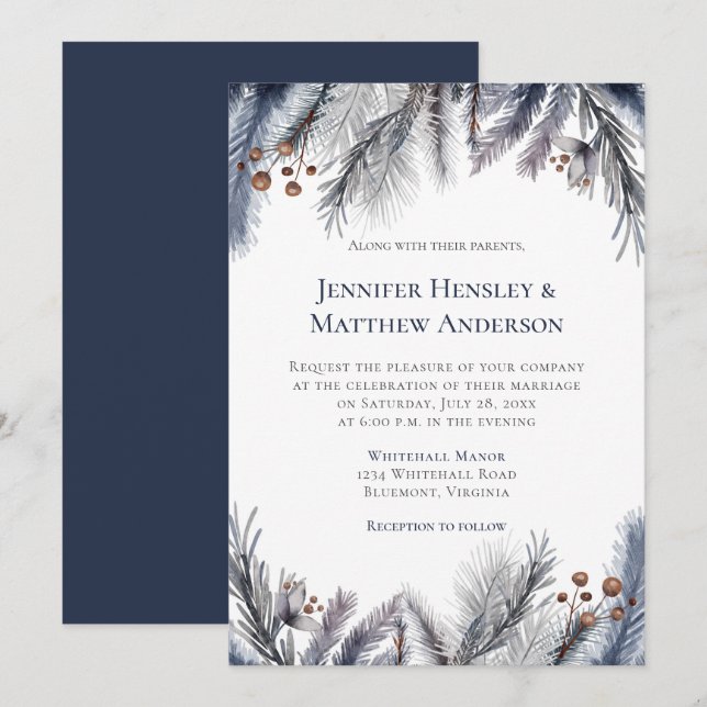 Invitation Marine, Blue Grey, Rusty Brown Winter Botanique (Devant / Derrière)
