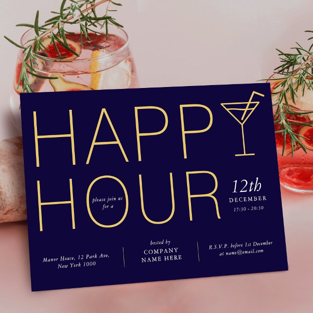 Invitation Marine Blue Happy Hour Client Appréciation Busines (Modern Happy Hour Client Appreciation Business Invitation in navy blue and gold colors)